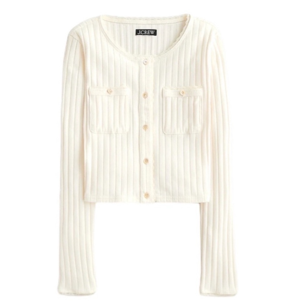 J. Crew Pointelle Ribbed Lace Trim Button Up Cropped Cardigan Sweater Medium
